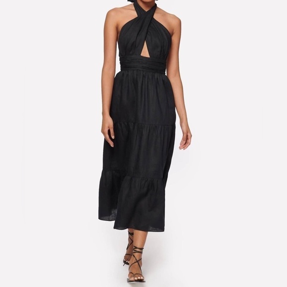 CAMI NYC Elvita linen Dress black cut-out halter neck midi 2 NWT - Picture 4 of 12